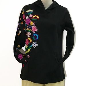Rising International Flower Embroidered Black Hoodie, Small Pullover